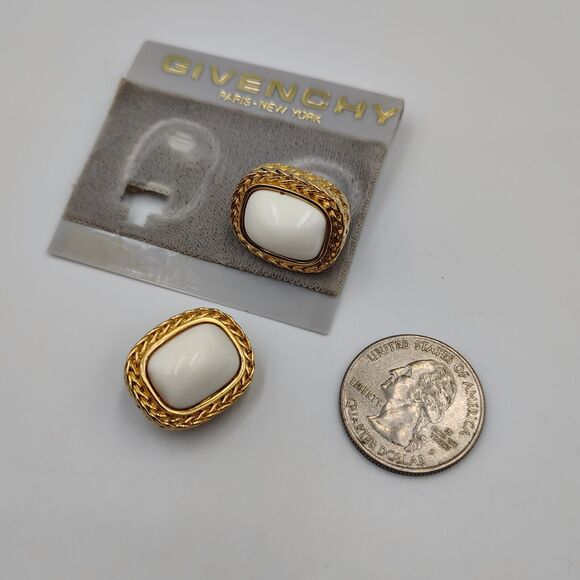 Vintage Givenchy Gold Tone White Lucite Cabochon Rectangular Clip On Earrings - Picture 16 of 16